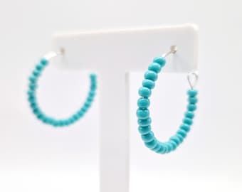 TURQUIOSE Seed Bead Hoop Earrings • 25mm Minimal Bead Hoop Earrings  • Turquoise Lightweight Bead Hoops  • Simple Bead Hoop Earrings