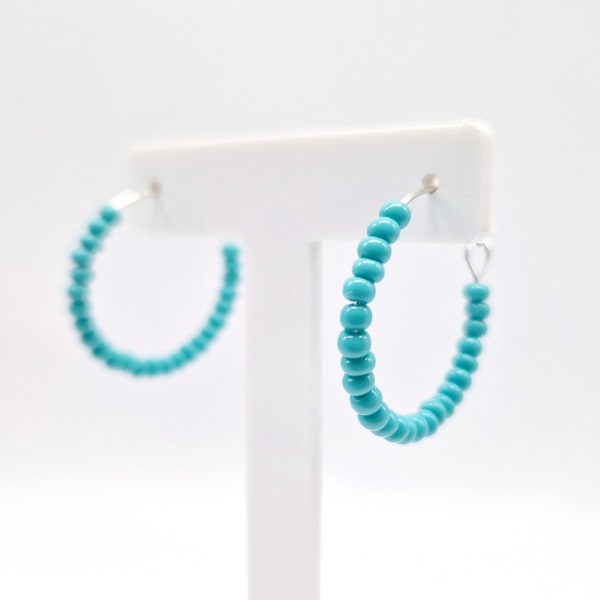 TURQUIOSE Seed Bead Hoop Earrings • 25mm Minimal Bead Hoop Earrings  • Turquoise Lightweight Bead Hoops  • Simple Bead Hoop Earrings
