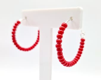 RED Seed Bead Hoop Earrings • 25mm Minimal Bead Hoop Earrings  • Red Lightweight Bead Hoops  • Simple Bead Hoop Earrings  • Red Bead hoops