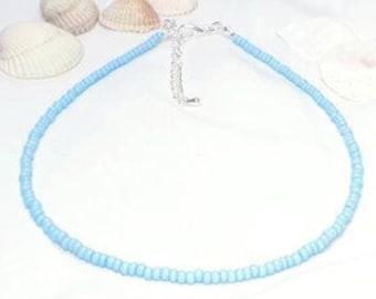 Pastel Blue Seed Bead Choker • Baby Blue Beach Choker • Summer Beaded Necklace • Minimalist Blue Bead Necklace