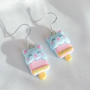 Cute Cat Ice Cream Food Earrings, Kawaii Cat Earrings, Animal Ice Cream Earrings, Cat IceCream Hoops, Kawaii Cat Jewelry, Food Cat Earrings