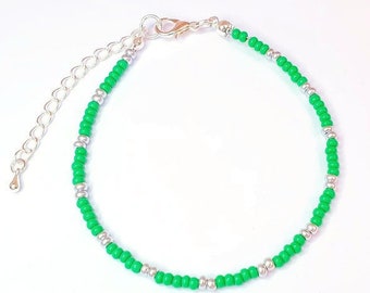 GREEN Minimal ANKLET • Size 8 - 10 Inches •  Green Beaded anklet • Summer Beaded  Anklet • Boho beaded Beach Summer Anklet