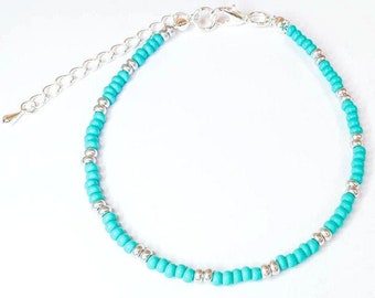 TURQUOISE Minimal ANKLET • Maat 8 - 10 inch • TURQUOISE Bead enkelbandje • Zomer Beaded Anklet • Boho Aqua Beach beaded Anklet