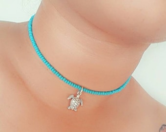 Beaded Turtle Turquoise Choker  • Turquoise Choker with Turtle Charm  • Dainty Turquoise Turtle Necklace • Minimal  Turquoise Bead Necklace