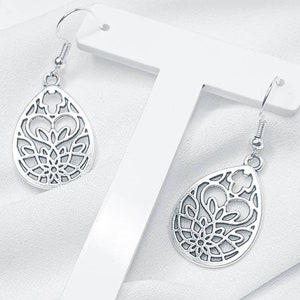 Lotus Flower Earrings, Drop Shaped Hollow Earrings, Antique Silver Flower Earrings, Silver Hollow Drop Shape Earrings, Silver Floral Earring