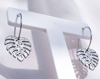 Monstera Leaf Stainless Steel Hoop Earrings, Palm Leaf earrings, Tropical Leaf Hoops, Stainless Steal Monstera Jewellery, Plant Jewelry
