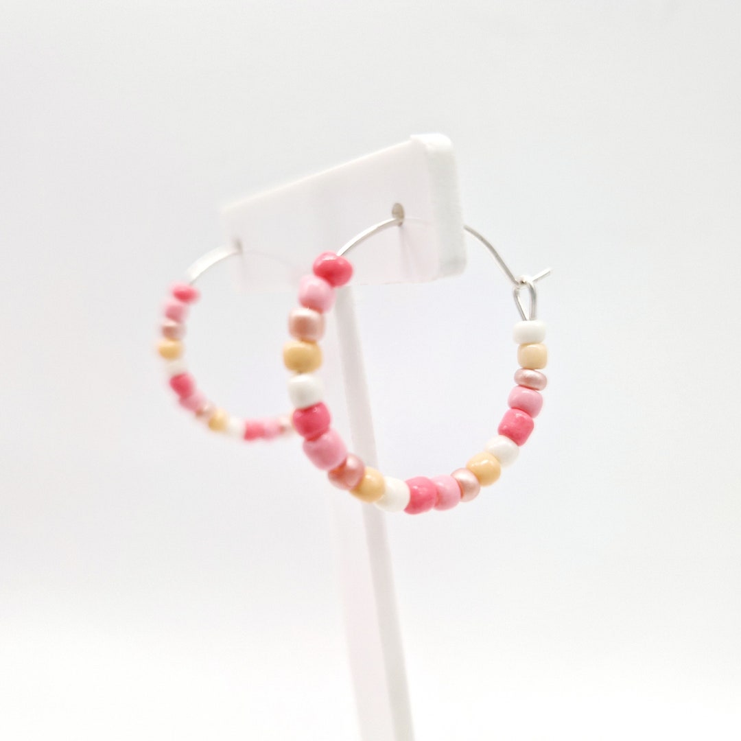 PINK MIX Seed Bead Hoop Earrings • 25mm Minimal Bead Hoop Earrings ...
