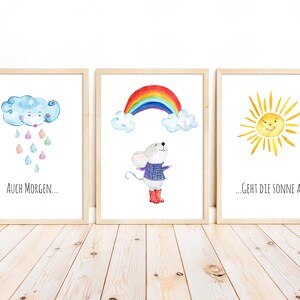 Cuadros de pared para habitación infantil, juego de 3 pósteres, bonitos carteles motivadores con un arcoíris y un ratón | descarga digital | Tamaño A4 y A3