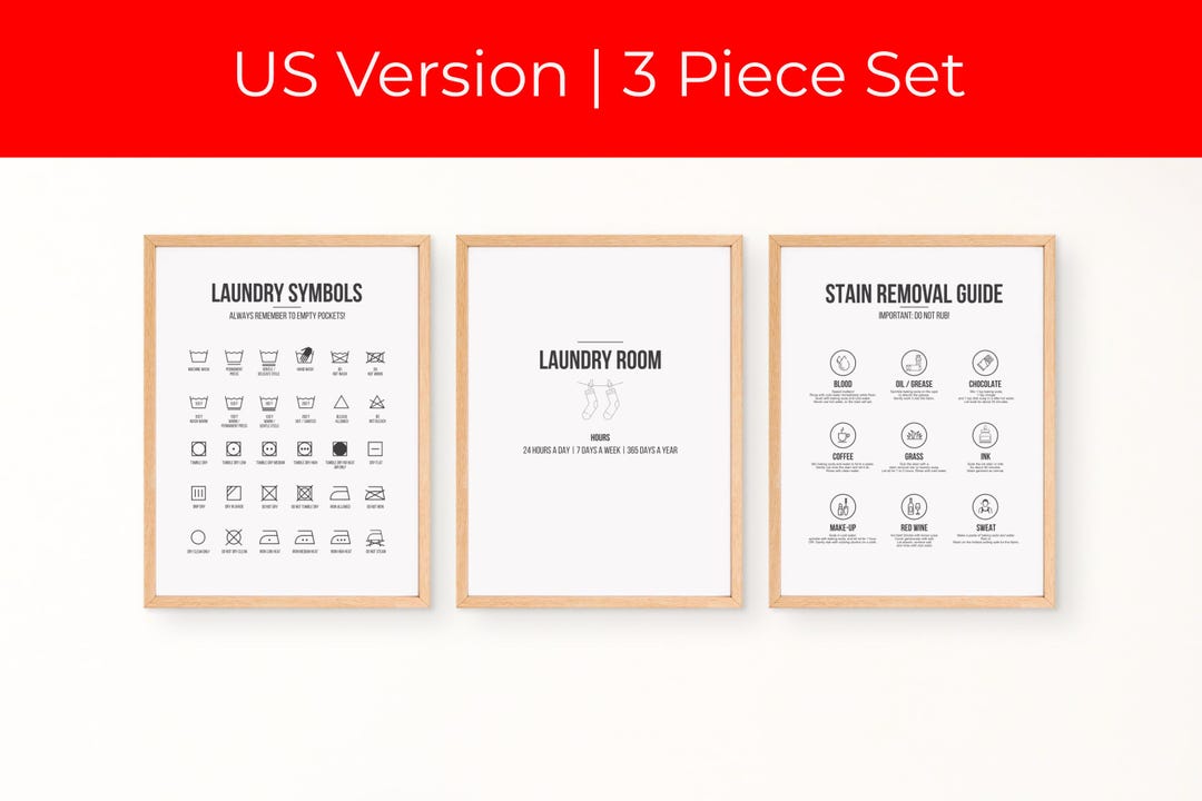 Laundry Room Decor Set of 3 • Laundry Symbols Guide & Stain Removal ...