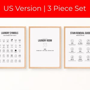 Könnte beinhalten: Ein Set aus drei gerahmten Drucken für einen Waschraum. Die Drucke zeigen Wäschezeichen, den Text „Waschraum“ und eine Fleckenentfernungstabelle. Die Rahmen sind hellbraun und der Hintergrund ist weiß.
