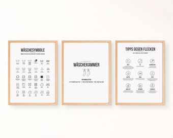Divertido juego de 3 carteles de lavandería con símbolos de lavandería y consejos para quitar manchas: ideal para el baño y el lavadero.
