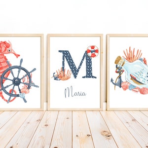 Póster personalizado para niños con diseño marítimo como cartel con nombre | Como fotomurales y decoración de paredes en la habitación de los niños | Tamaño A4-A3 | PDF