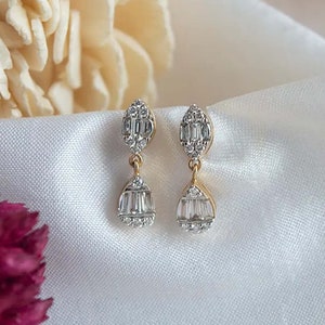 Pave Diamond Earrings - 14kt Gold Earrings - Round & Baguette Diamond Earrings - Diamond Dangle Earrings - Certified Diamond Jewelry For Her