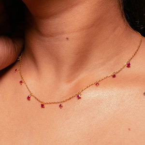 14k Gold Necklace - Gold Ruby Necklace - Mix Shape Ruby Gemstone Necklace - Gold Layering Necklace - Ruby Dangle Necklace - Birthday Gifts