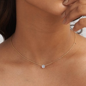 Solitaire Diamond Necklace - Attached Diamond On Chain - Diamond Necklace in 14K Gold - Diamond Layering Necklace - Diamond Gold Necklace
