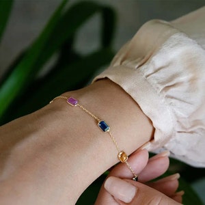 Emerald Cut Sapphire Gemstone Bracelet - 18k Gold Link Chain Bracelet - Multi Sapphire Bracelet - Bezel Set Bracelet - Fine Jewelry For her