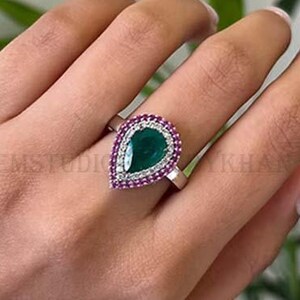 Ruby Emerald and Diamond Ring 14k Gold Halo Ring Natural Gemstone Ring Ruby Diamond Statement Ring Emerald Diamond Wedding Ring Gift For Her