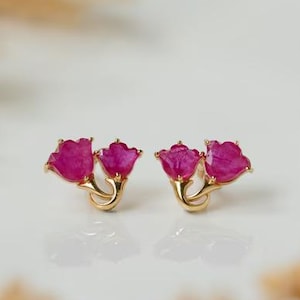Ruby Tulip 14K Gold Stud Earrings: Ruby Stud Earrings, Gold Rubies Studs, Solid Gold Ruby Earrings, Perfect for Every Occasion, Gift for Her