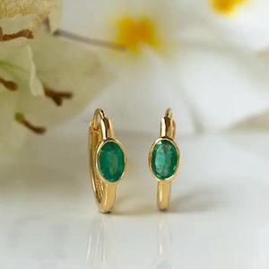 14k Emerald Earrings - Gold Emerald Huggies - Oval Cut Emerald Gemstone Earrings - 14k Gold Emerald Hoop Earrings - Natural Emerald Earrings
