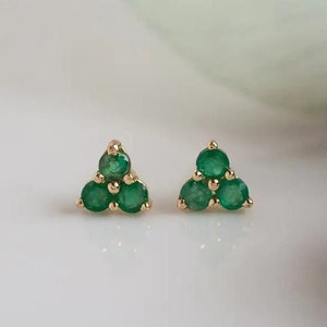 Emerald, Ruby & Sapphire Gemstone Earrings - 14k Gold Stud Earrings - Trio Triangle Cluster Stud Earrings - Dainty Tiny Studs - Gift For Her