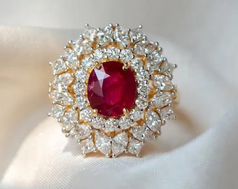 Diamond Ruby Ring, 14k Solid Gold Wedding Ring, Oval Cut Ruby Diamond Ring, Wedding Engagement Ring, Diamond Statement Ring, Gifts for Her