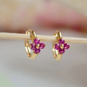 14k Ruby Earrings - Huggie Hoop Earrings - Ruby Gemstone Earrings - 14k Gold Huggie Earrings - Gold Ruby Earrings - Gifts For Women Girls