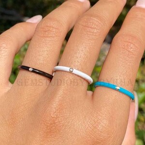 Solitaire Diamond Enamel Band, 14k Gold Blue Enamel Ring, Turquoise Diamond Enamel Ring, Diamond Stacking Ring, Minimalist Diamond Ring Gift