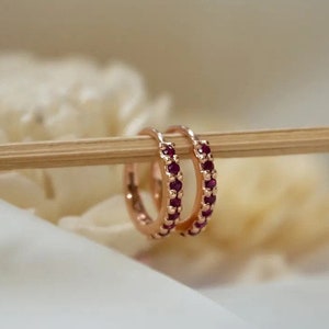 Ruby Earrings - 14k Rose Gold Earrings - Ruby Gemstone Earrings - Gold Huggie Earrings - Dainty Huggie Hoops - Minimalist Earrings For Her