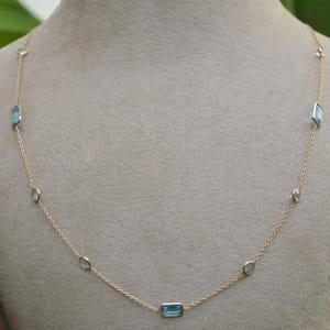 Bezel Set Necklace - 14k Gold Necklace Chain - Round & Emerald Cut Aquamarine, Topaz Gemstone Necklace - 14k Layered Necklace - Fine Jewelry