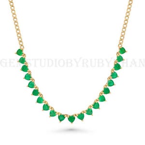 Genuine Zambian Emerald Tennis Necklace, Solid 14K Yellow Gold Necklace, Certified Emerald Heart Necklace, Heart Emerald Necklace For Women