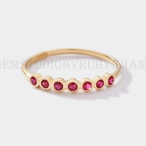 Natural Ruby Ring, 14K Solid Gold Half Eternity Bezel Ring, Ruby Gemstone Ring, Ruby Minimalist Ring, Bezel Set Ring, Handmade Fine Jewelry