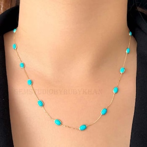 Bezel Set Turquoise  Necklace - 14K Solid Gold Necklace - Bezel Set Gemstone Necklace - By The Yard Necklace - Turquoise Station Necklace