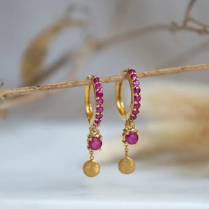 18k Gold Ruby Earrings - Huggie Dangle Drop Earrings - Ruby Gemstone Earrings - Gold Huggie Earrings - Huggie Hoop Earrings - Gifts For Her