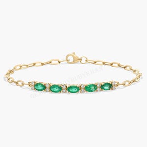 Diamond and Emerald Paperclip Bracelet in 14K Yellow Gold, Dainty Diamond Emerald Bracelet, Solid Gold Chain Bracelet, Fine Jewelry For Her