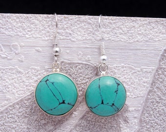 Circle Earrings / Howlite Turquoise Gemstone Earrings / Round Women Earrings / Silver Plated Earrings / Blue Turquoise Earrings For Women