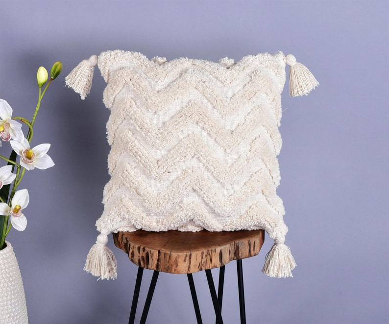 Tufted Pillow Cover Boho Throw Neutral Designer Pillow 18 x18 Inch Cushion Bohemian Living Decor Ivory Designer Throw