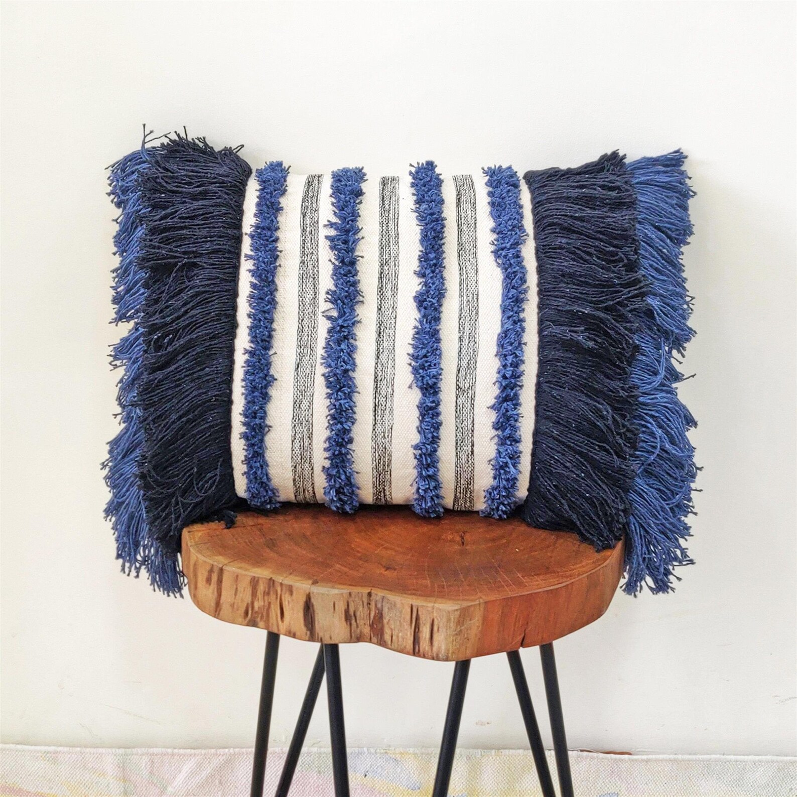 Pillow with Fringes Blue & Black Fringe Tufted Textured Pillow Etsy