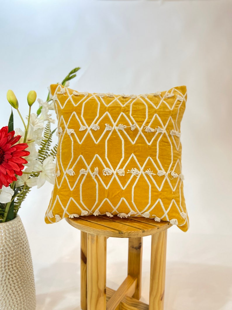 Mustard Yellow Velvet with Cotton Dori Embroidered 18x18 Decorative Pillow Cover Bohemian Home living Room Throw Sofa Pillow Case
