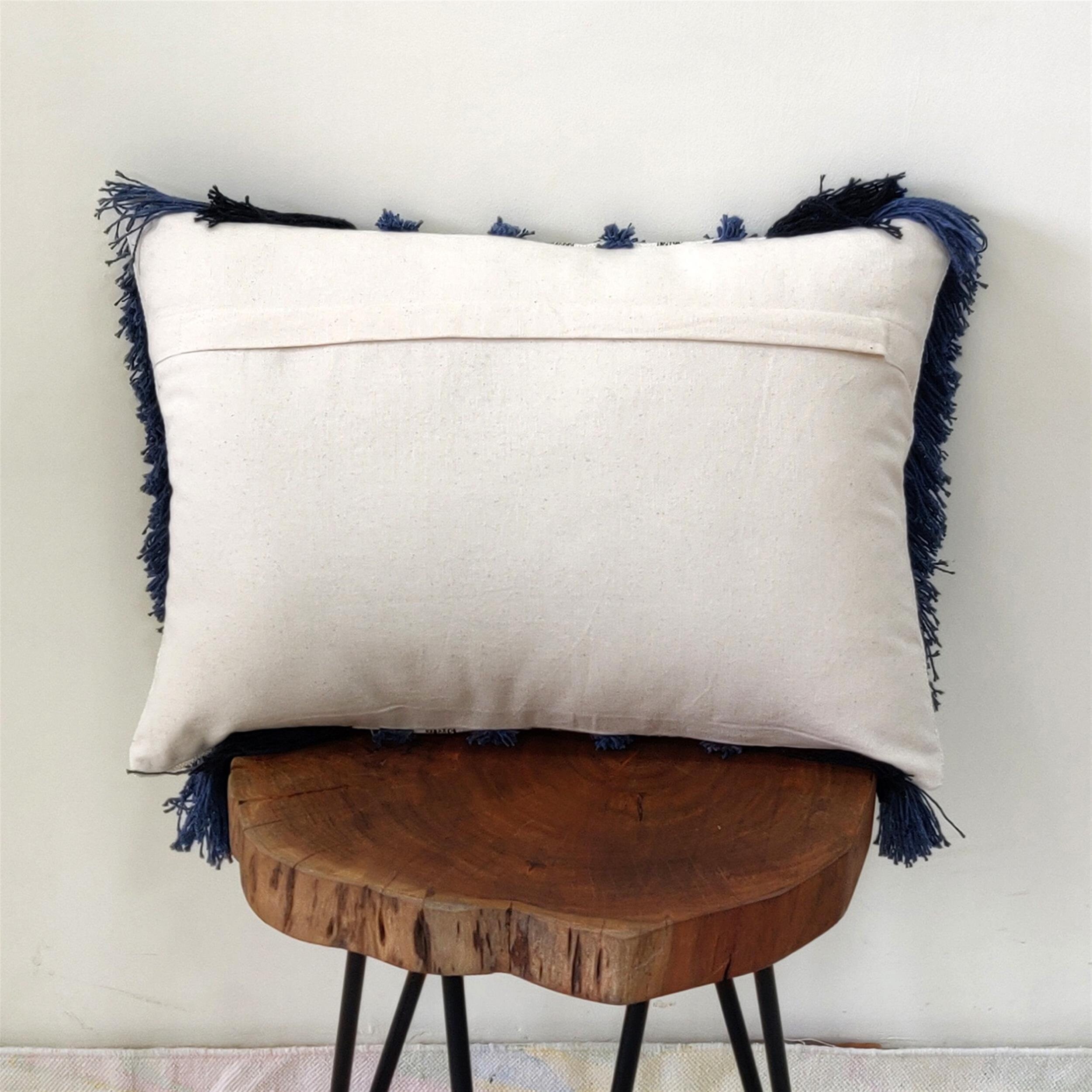 Pillow With Fringes Blue & Black Fringe Tufted Textured Pillow Etsy