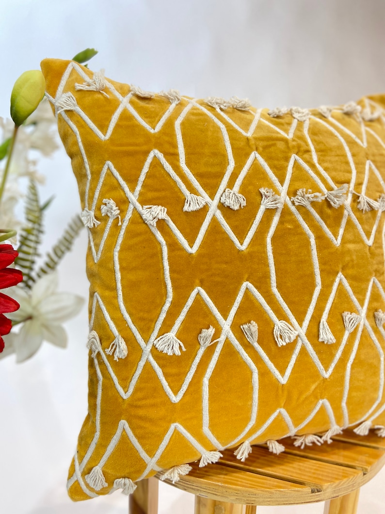 Mustard Yellow Velvet with Cotton Dori Embroidered 18x18 Decorative Pillow Cover Bohemian Home living Room Throw Sofa Pillow Case