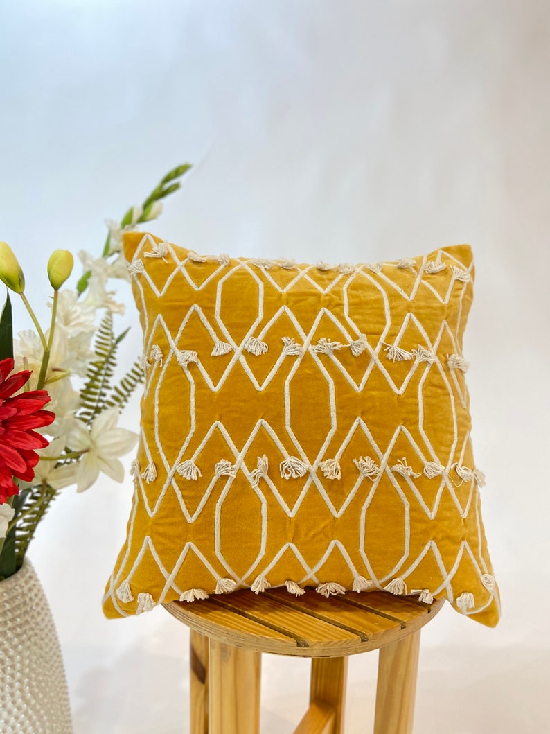 Mustard Yellow Velvet with Cotton Dori Embroidered 18x18 Decorative Pillow Cover Bohemian Home living Room Throw Sofa Pillow Case