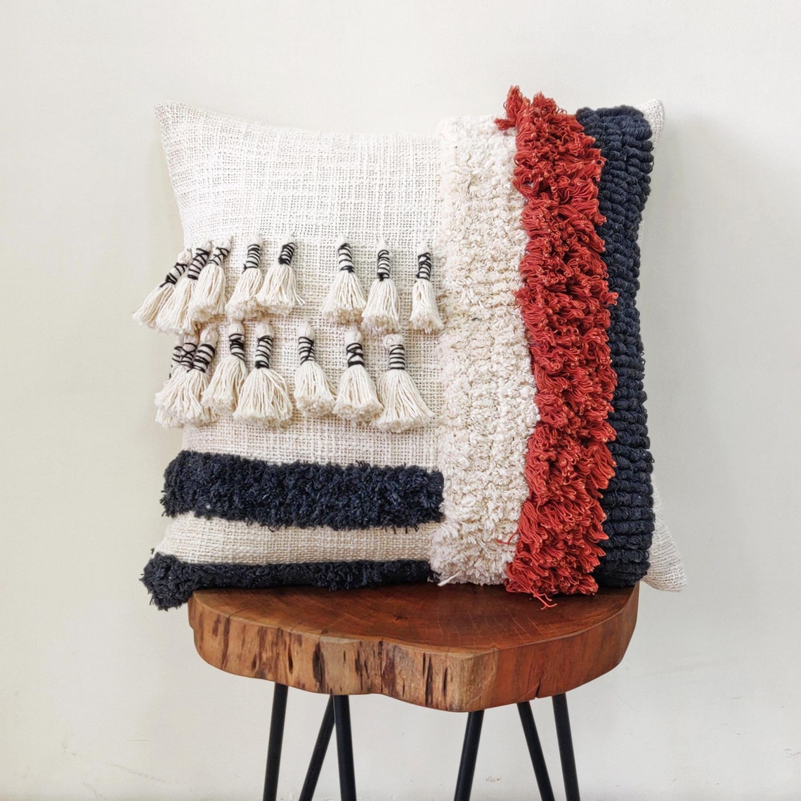 Ivory Rust Grey Tassel Pillow Case Tufted Textured Pillow Etsy