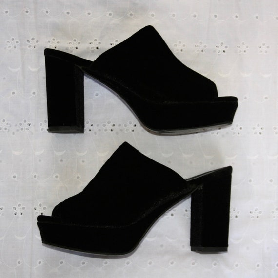 90's Black Velvet Platform Mules/Heels