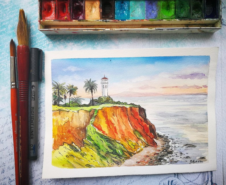 Lighthouse Painting Original Art Watercolor Painting Seascape Ocean California Painting  8,8 6,4 Art by Olga Kalashnikova