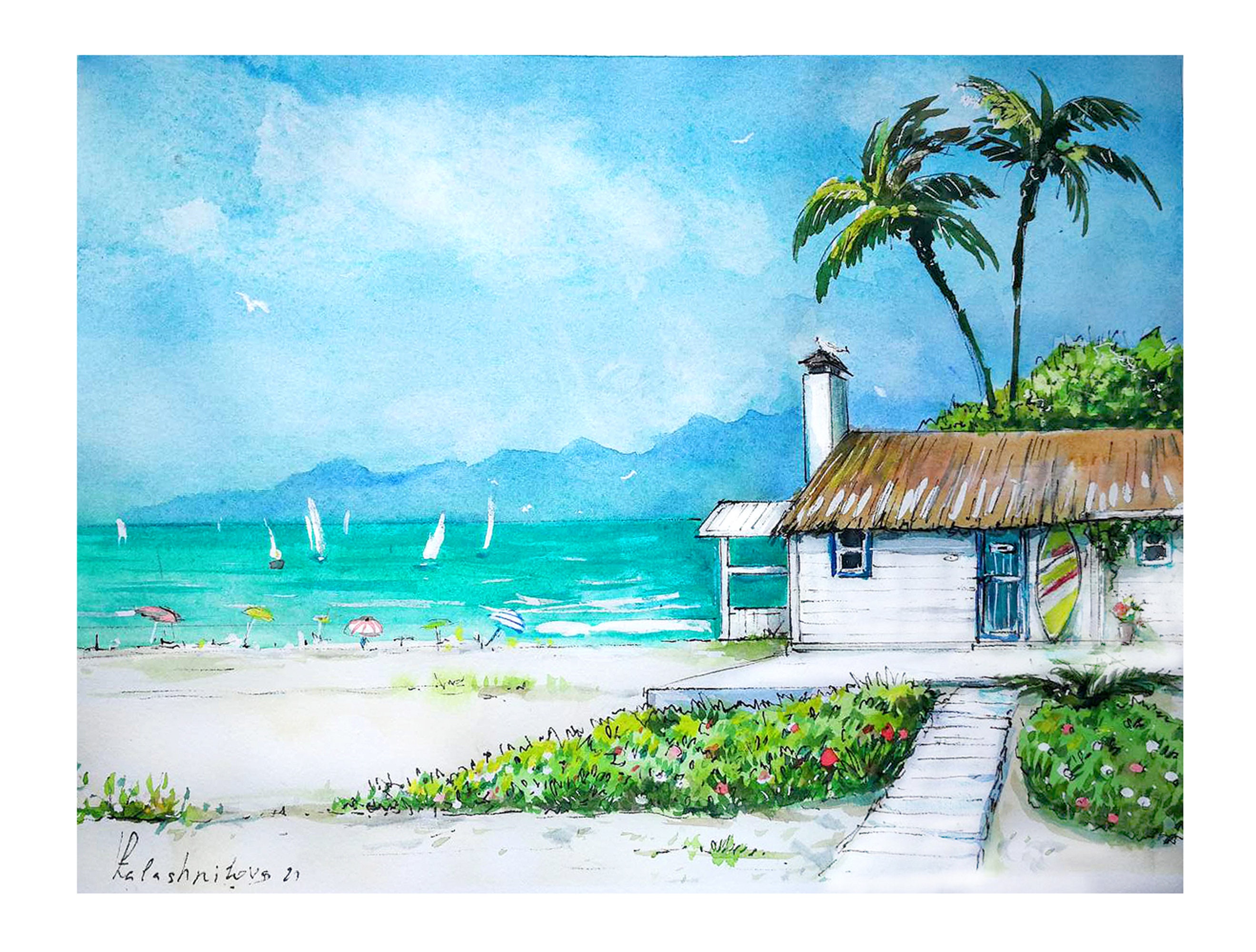 Beach house painting watercolor beach painting Hawaiian art Etsy