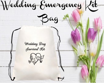 Bride Emergency or Survival Kit:  Essentials, Survival Kit, Hospitality, Amenities Wedding and Shower.  The Ultimate Kit with Drawstring Bag