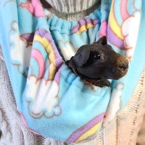 May include: A black and white guinea pig is being held in a blue fleece pouch with a rainbow and cloud pattern. The pouch is being worn by a person.
