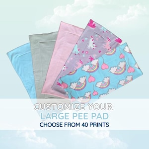 May include: A set of five rectangular pee pads in various colors and patterns, including solid light blue, solid gray, solid pink, a gray unicorn print, and a light blue rainbow and heart print. Text reads: CUSTOMIZE YOUR LARGE PEE PAD CHOOSE FROM 40 PRINTS.