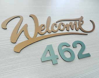 Metal house numbers welcome, house number sign, metal aluminum address, Custom numbers  or letters house signs, Address Signs gold