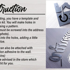 May include: Instructions for mounting a metal sign with the text "Grandma" on a gray background. The instructions include using a template and pins to attach the sign to the wall. The sign can also be attached with construction adhesive.